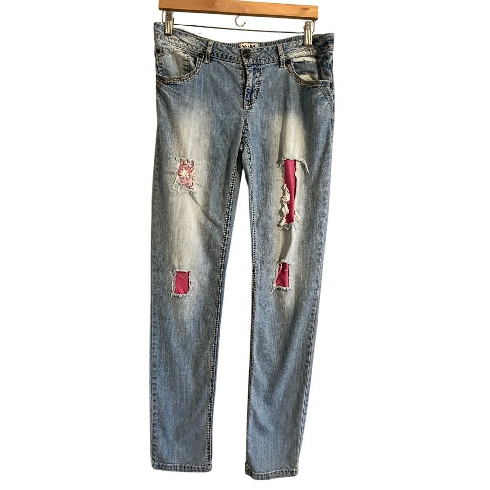 Mudd Distressed Denim Jeans 34" Light Wash Sequin Y2K Grunge‎ Skater Distressed